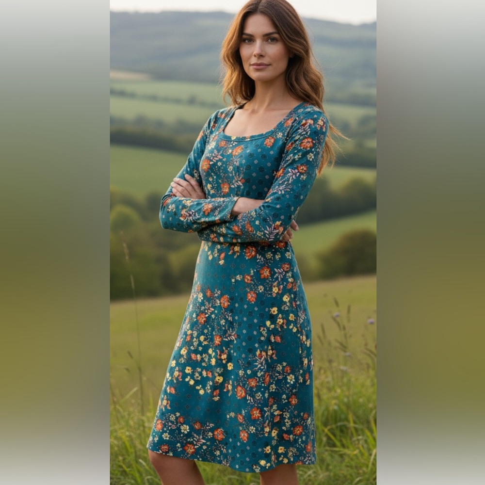 Mudd, Teal  Vibrant Floral Long Sleeve‎ Dress size Large